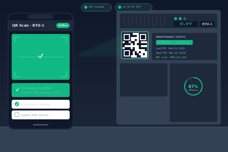 Field technician scanning QR code on rooftop RTU